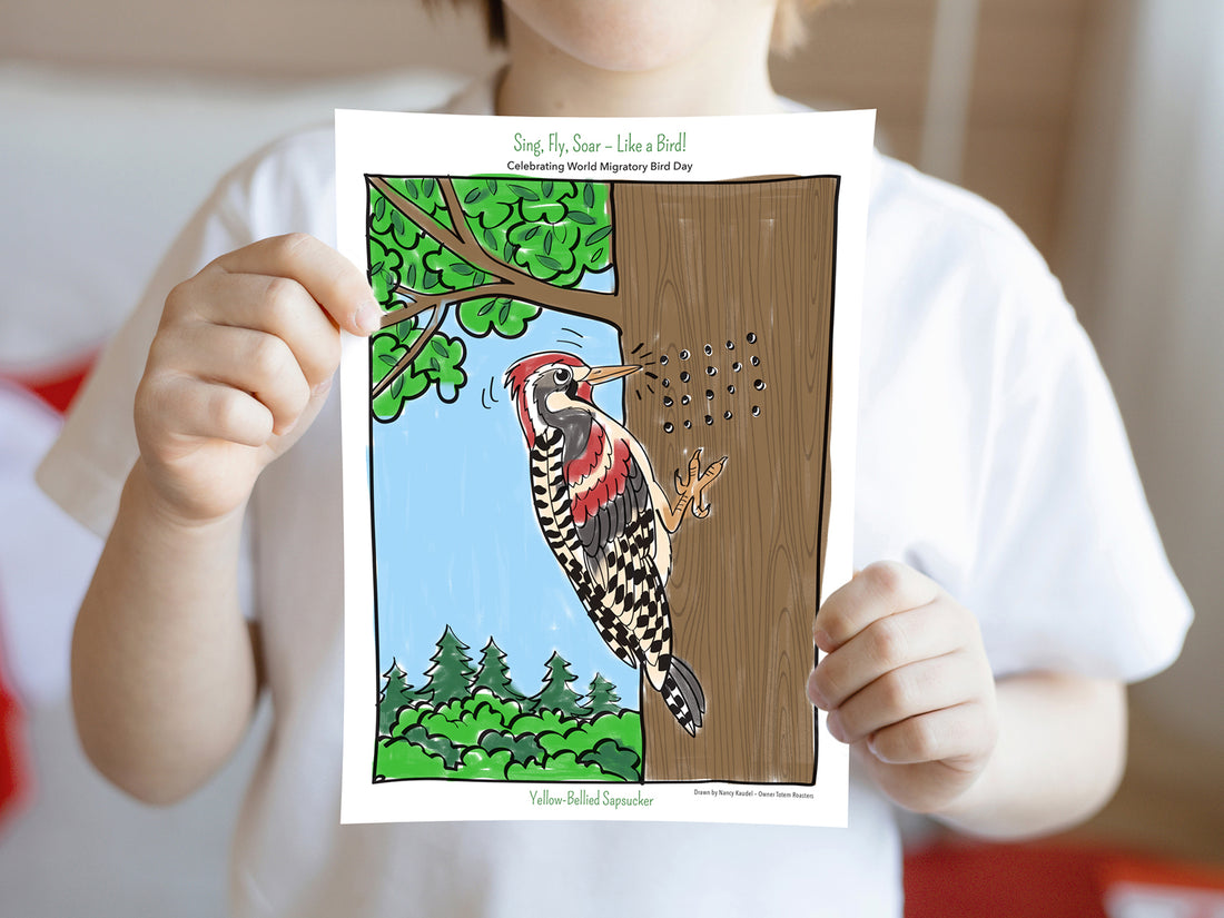Child holding woodpecker coloring page