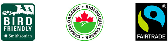 Bird Friendly logo, Canada Organic logo, Fairtrade logo